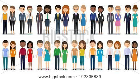 Flat people characters. Vector. Men women in casual and business clothes standing together. Cartoon males females isolated on white background. Icons businessmen and businesswomen.