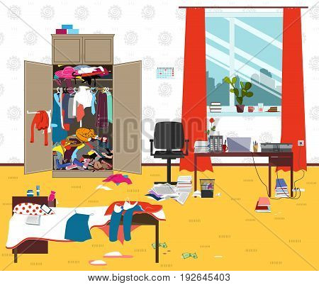 Messy room where young lady lives. Teenager or student girl untidy room in the morning. Cartoon mess in the room. Funny vector illustration