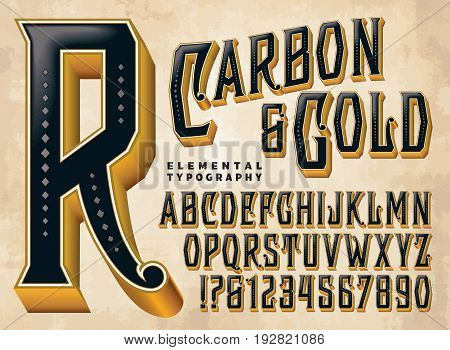 Carbon & Gold is a vintage style vector typeface with ornate elements and depth. This file includes all capitals, numerals, some punctuation, and design elements.