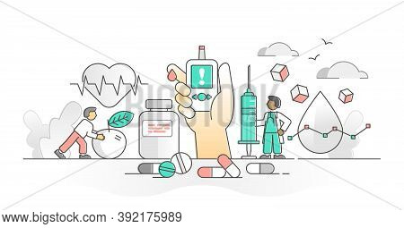 Diabetes As Blood Sugar Level Control With Insulin Monocolor Outline Concept. Glucose From Food Meas