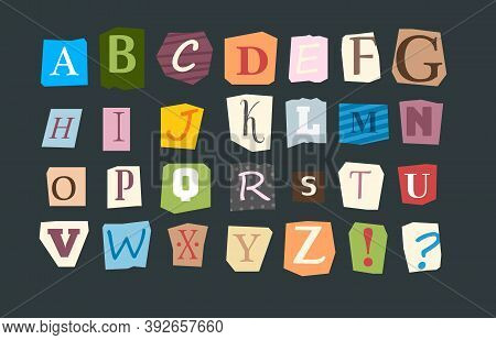 Collage Alphabet. Sliced Letters Various Funny Style Font For Flyer Or Anonymous Notes Vector Colore