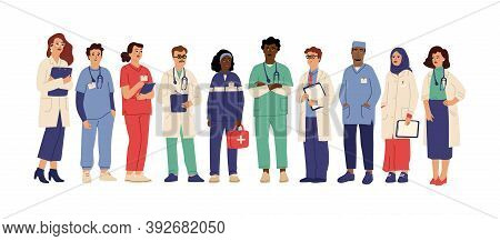 Hospital Team. Medical Employees In Uniform, Healthcare Workers Administrator Doctor. Pharmacist Cli