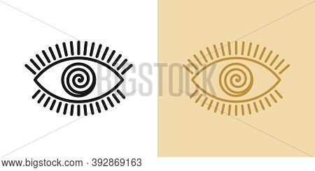 Outline Hypnotic Eye Icon With Editable Stroke. Linear Eye Sign With Spiral Iris, Mesmeric Vision. M