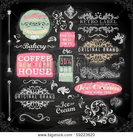 Set of vintage chalkboard bakery logo badges and labels for retro design. Chalkboard illustration variant.