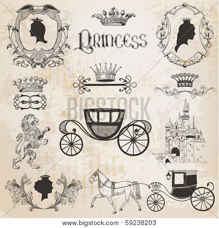 Vintage Princess Girl Set - for design and scrapbook - in vector