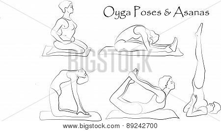 Vector yoga illustration.  Yoga set. Yoga exercises. Women yoga. Yoga class, yoga center, yoga studi