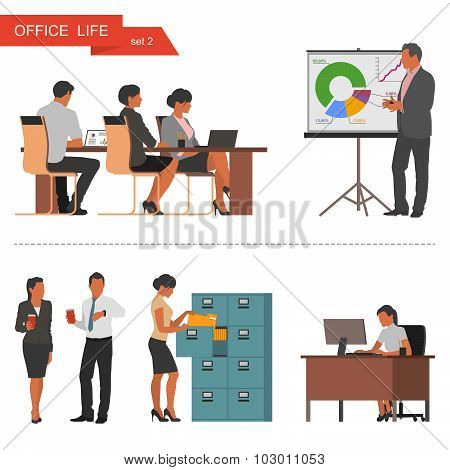 Flat design of business people and office workers. Vector illustration isolated on white background.