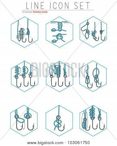 Vector set of fishing hooks line icons with different knots. Fisherman symbols.