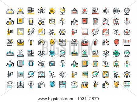 Flat line colorful icons collection of education