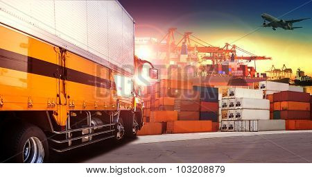 Container Truck In Shipping Port ,container Dock And Freight Cargo Plane Flying Above Use For Transp