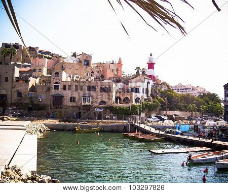 Panoramic View Of Old Jaffa Historic Buildings And Ancient Port Mooring., Israel