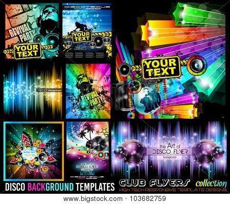 Big Set of Disco Club Flyer Template for your Music Nights Event. Ideal for TEchno Music, Hip Hop and House Performance Posters and flyers for Discotheques and night clubs.