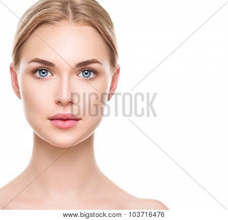 Beauty Woman face Portrait. Beautiful Spa Girl looking at camera and smiling. Blonde model female with Perfect Fresh Clean Skin. Youth and Skin Care Concept, Isolated on a white background