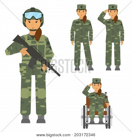 Vector set of soldier woman isolated on white background. Saluted soldier, warrior with weapon, soldier woman in armchair, soldier an attention. Camouflage uniform and battle weapon Army warrior symbol. Soldier defense symbol. Symbol of woman equality and