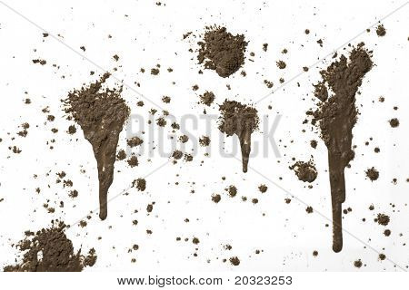 Splattered mud with drip pattern isolated on a white background