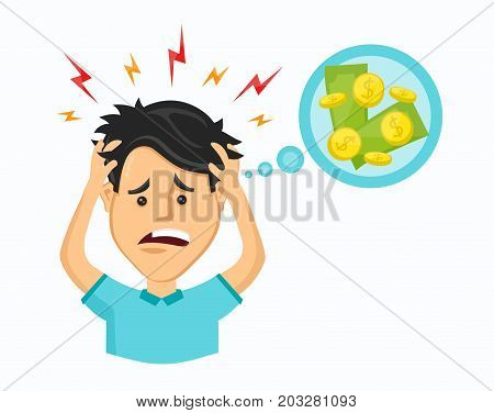 Vector cartoon modern trendy stylish flat character illustration icon design. Sad man thinks about money. No money, no cash, crisis, business, businessman, no job concept. Isolated on white background