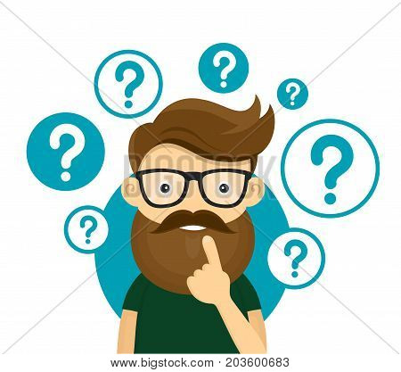 Young hipster business man thinking standing under question marks.Young hipster business man thinking.Thinking business man surrounded by question marks.Vector flat cartoon iluustration character icon