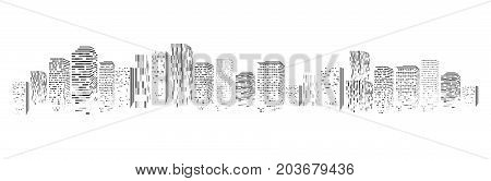 Vector isolated silhouette of big city town, skyscrapers building, business centers. Twilight, blue sunset, panorama of the city on the horizon, urban design vector illustration