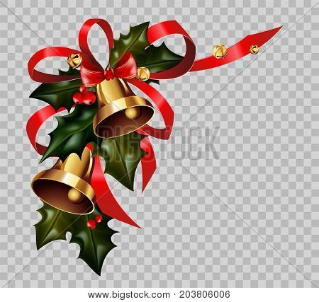 Christmas decoration of holly leaf wreath, golden bells and red ribbon bow on transparent background. Vector isolated decorative element for Christmas or New Year greeting card design template