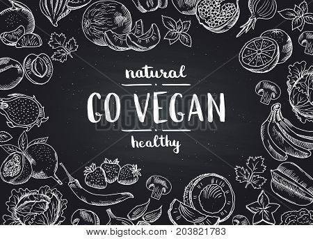 Vector go vegan blackboard background with doodle hand drawn fruits and vegetables. Illustration of vegan food chalkboard