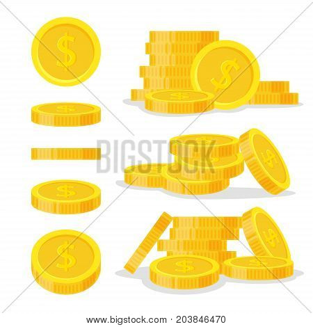 Set coins stack vector illustration, icon flat finance heap, dollar coin pile. Golden money standing on stacked, gold piece isolated on white background - flat style.