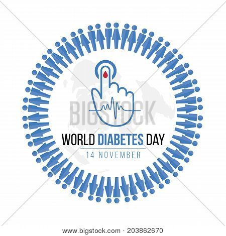 World Diabetes Day Awareness with blue Human icon circle and Blood drop on hand for blood sugar level and Wave pulse sign on map world vector design