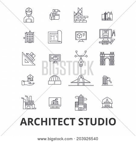 Architect studio, house plan, building, construction, design, architecture line icons. Editable strokes. Flat design vector illustration symbol concept. Linear signs isolated on background