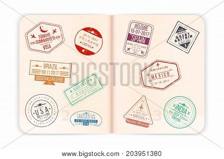 Vector Passport With Visa Stamps. Open Passport Pages With Airport Visa Stamps And Watermarks