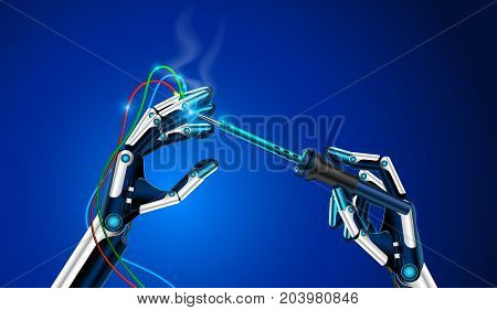 the robot repairs itself. The robot arm close-up. The robot holds in a hand a soldering iron and solder the faulty contacts on the finger. Future concept illustration. VECTOR