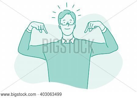 Self Confidence, Success, Leadership Concept. Happy Young Businessman Cartoon Character Standing And