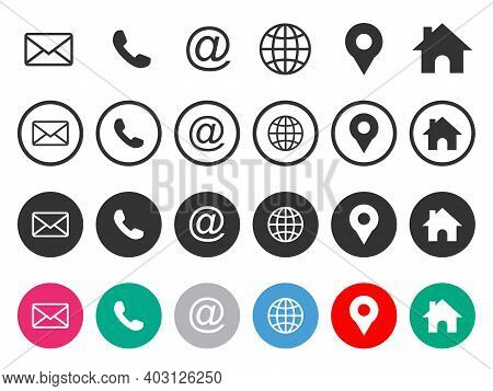 Icon Set. Mail Icon, Phone Icon, Globe Icon, Location Pin Icon, Home Icon. Icon Pack Vector Isolated