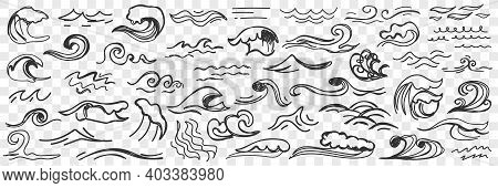 Sea Waves On Water Surface Doodle Set. Collection Of Hand Drawn Ocean And Sea Waters With Waves Duri