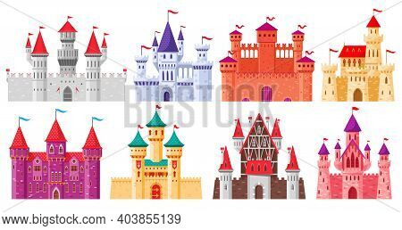 Cartoon Medieval Castles. Fairytale Medieval Towers, Historical Royal Kingdom Castles. Ancient Fortr