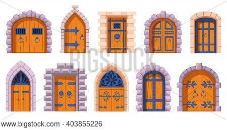 Castle Medieval Doors. Cartoon Ancient Fortress Wooden Gates, Medieval Kingdom Castles Gate Vector I