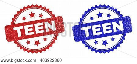 Rosette Teen Watermarks. Flat Vector Distress Watermarks With Teen Title Inside Rosette With Stars, 