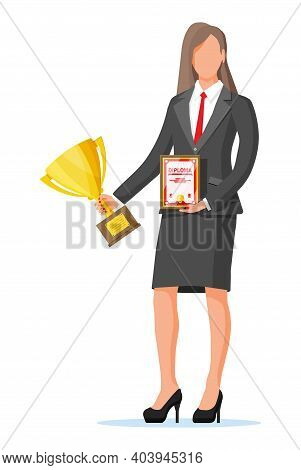 Successful Businesswoman Holding Trophy And Showing Award Certificate, Celebrates Victory. Business 