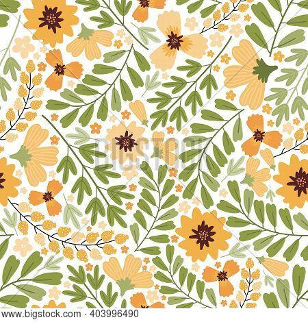 Blooming Summer Meadow Seamless Pattern. Repeating Dense Flower Background. Lot Of Different Yellow 