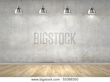 Empty room with blank wall and lamps at ceiling