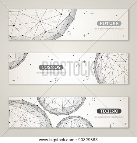 Banners set with wireframe mesh polygonal elements.