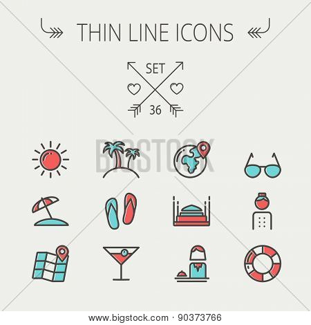 Travel thin line icon set for web and mobile. Set include-beach umbrella, slippers, map, sun, sunglasses, palm tree icons. Modern minimalistic flat design. Vector icon with dark grey outline and