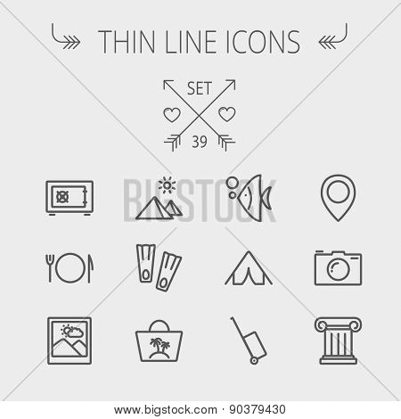 Travel thin line icon set for web and mobile. Set includes- camera wall, pin location, flioppers, fish, bag, table setting icons. Modern minimalistic flat design. Vector dark grey icon on light grey