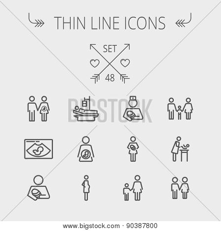 Medicine thin line icon set for web and mobile. Set includes- sick person, pregnant, wife and husband, ultrasound, baby, nurse, family, siblings icons. Modern minimalistic flat design. Vector dark