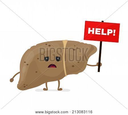 Sad unhealthy sick liver with nameplate help. Vector modern style cartoon character illustration icon design. help unhealthy liver concept.