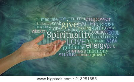 The meaning of Spirituality Word Cloud - female open palm hand gesturing towards the word SPIRITUALITY surrounded by a relevant word cloud on a wispy green ethereal background