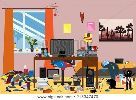 Illustration of a Disorganized Room Littered With Pieces of Trash. Chaotic room where young I.T. Guy, Bachelur or Student lives. Vector messy room