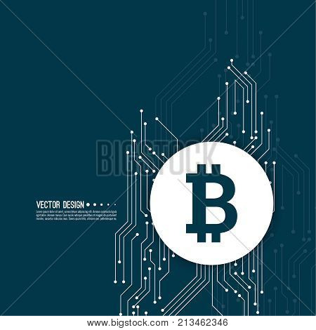 Abstract background with high tech circuit board texture. Crypto currency Bitcoin internet virtual money. Vector icon  bitcoin digital cryptocurrency. Blockchain based secure. Electronic motherboard.