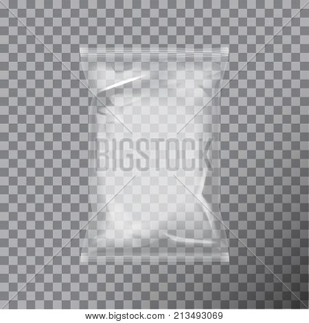 Transparent foil bag packaging for food, snack, coffee, cocoa, sweets, crackers, nuts, chips. Vector plastic pack mock up for your design