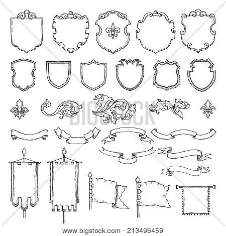 Illustrations of armed medieval vintage shields. Vector heraldic frames and ribbons. Shield and ribbon, heraldic frame medieval shields