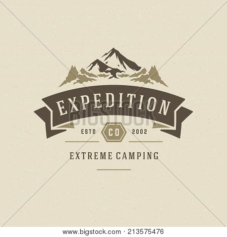 Mountains logo emblem vector illustration. Outdoor adventure expedition, mountains silhouette shirt, print stamp. Vintage typography badge design.