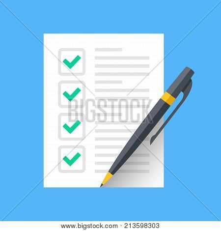 Checklist and pen. Document with green ticks checkmarks and pen. Checklist icon, application form, complete tasks, to-do list, survey concepts. Modern flat desgin graphic elements. Vector icon